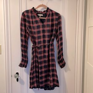 LOFT plaid smocked shirtdress with tie string